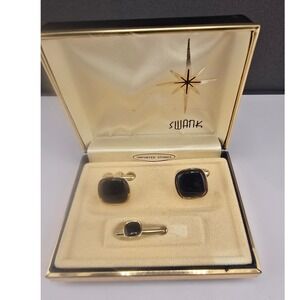 Vintage Swank Cufflink Tie Tac Set Black Gold Tone Rectangular Estate